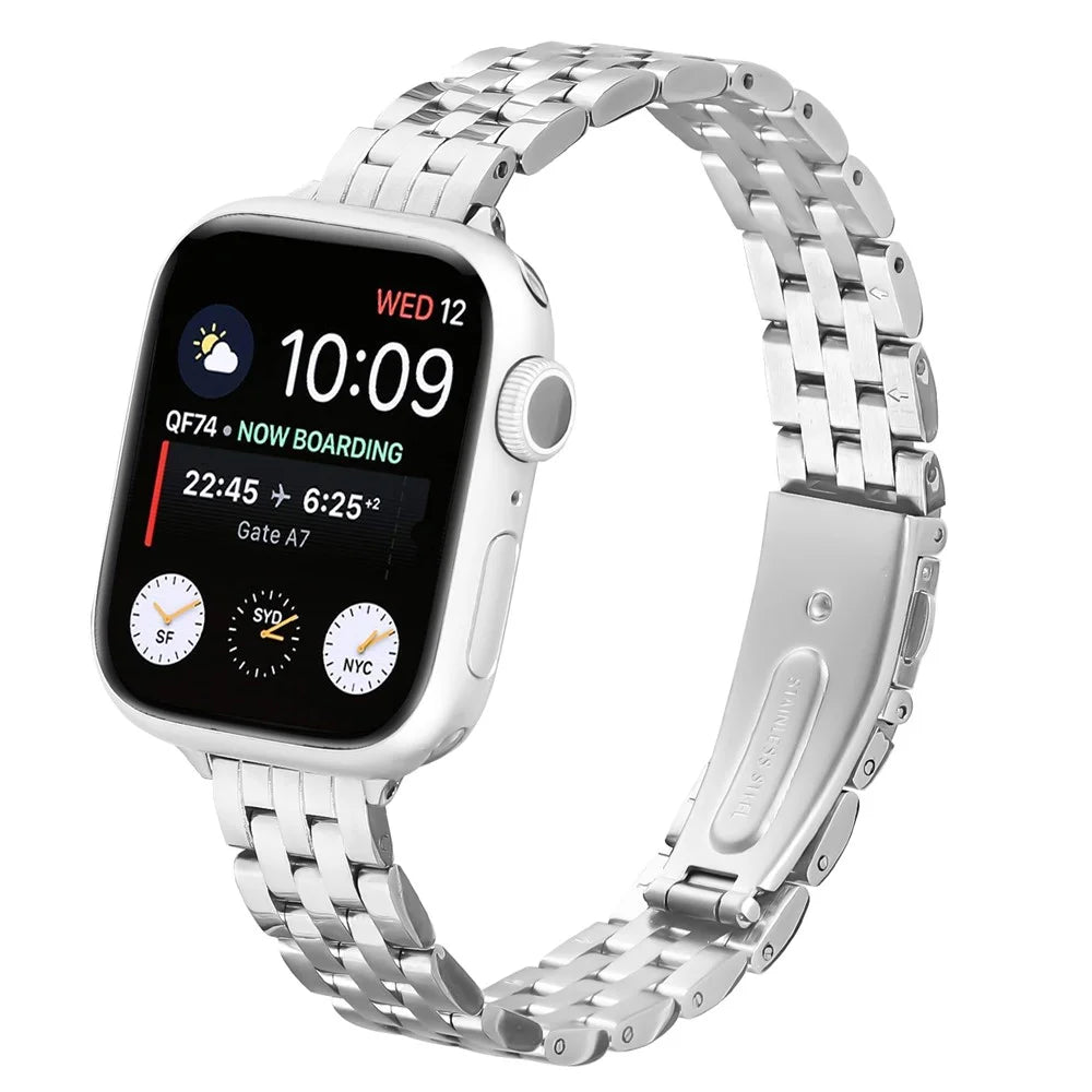 Watch Band For Apple Watch Series 11 10 42mm / 9 8 7 41mm / SE3 SE2 SE 6 5 4 40mm / 3 2 1 38mm Slim Five-Bead Stainless Steel Silver Strap - 2