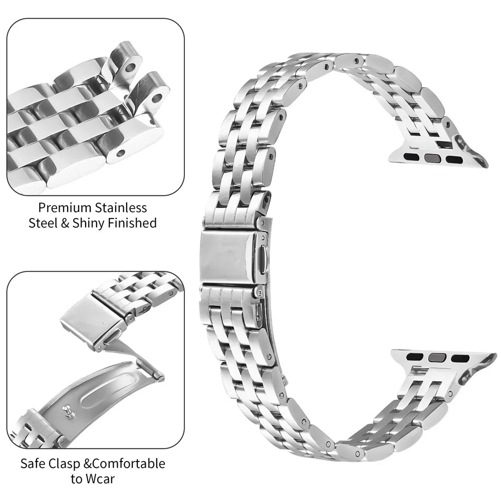 Watch Band For Apple Watch Series 11 10 42mm / 9 8 7 41mm / SE3 SE2 SE 6 5 4 40mm / 3 2 1 38mm Slim Five-Bead Stainless Steel Silver Strap - 3