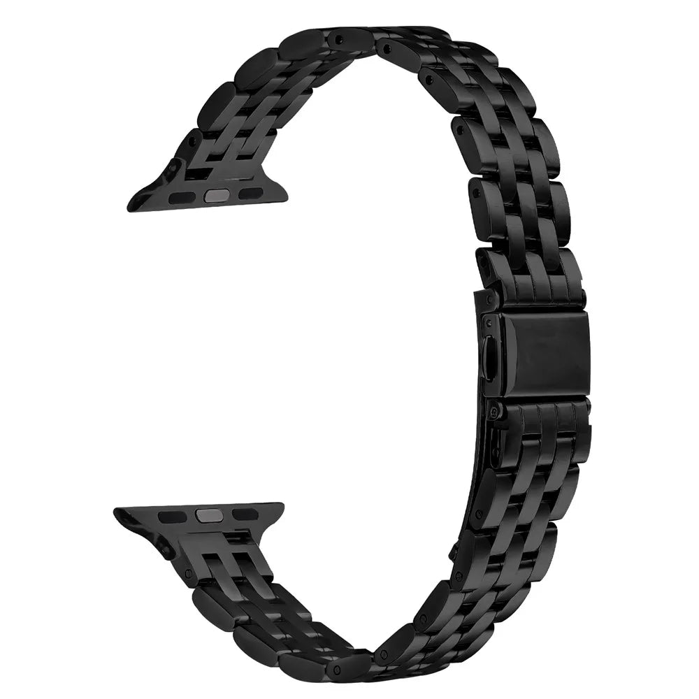 Watch Band For Apple Watch Series 11 10 42mm / 9 8 7 41mm / SE3 SE2 SE 6 5 4 40mm / 3 2 1 38mm Slim Five-Bead Stainless Steel Black Strap - 1