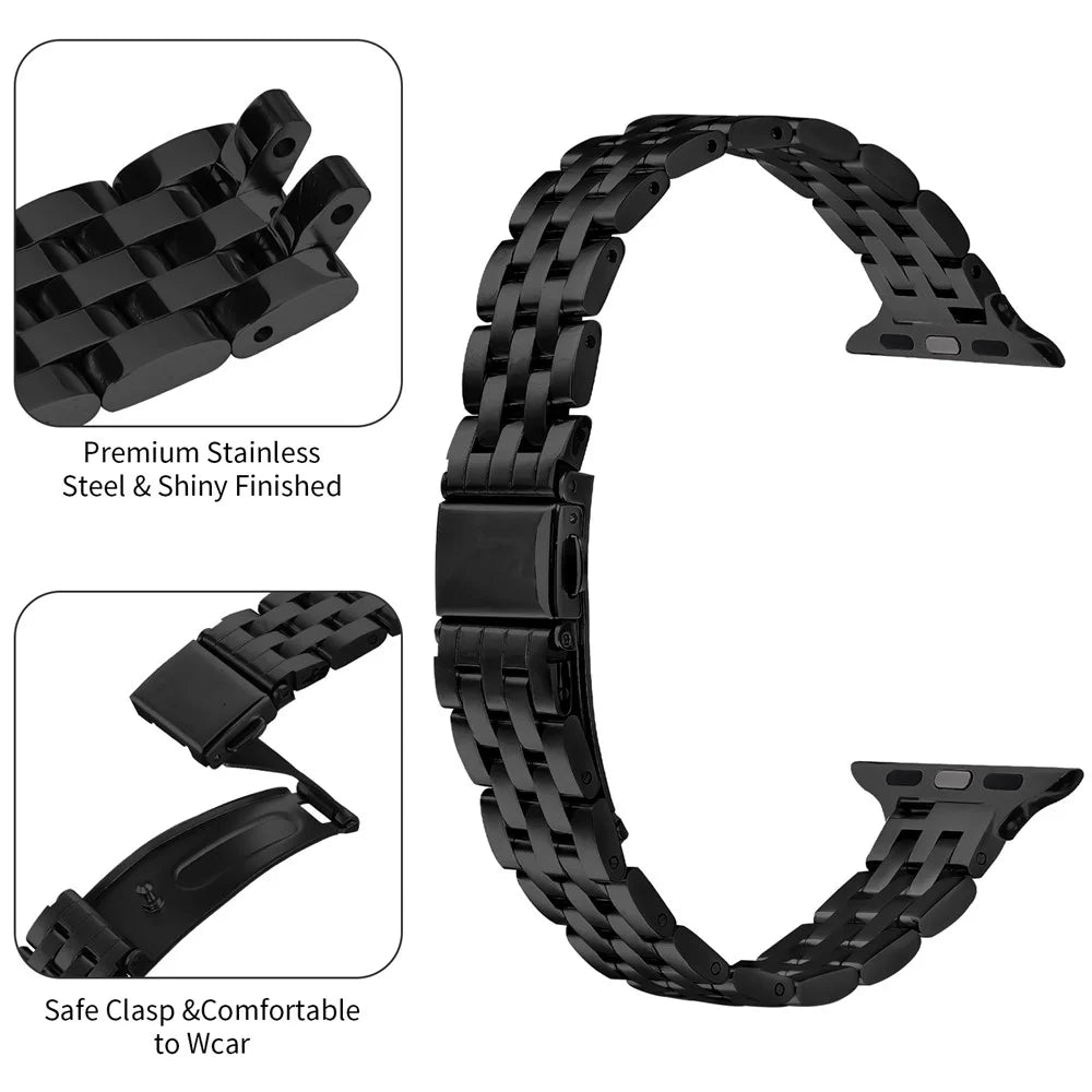 Watch Band For Apple Watch Series 11 10 42mm / 9 8 7 41mm / SE3 SE2 SE 6 5 4 40mm / 3 2 1 38mm Slim Five-Bead Stainless Steel Black Strap - 3