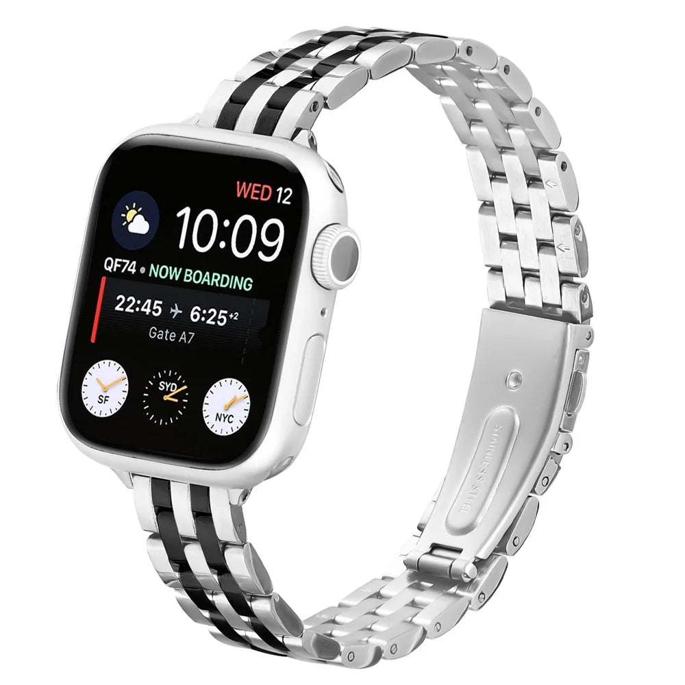 Watch Band For Apple Watch Series 11 10 42mm / 9 8 7 41mm / SE3 SE2 SE 6 5 4 40mm / 3 2 1 38mm Slim Five-Bead Stainless Steel Strap - Silver  /  Black - 2