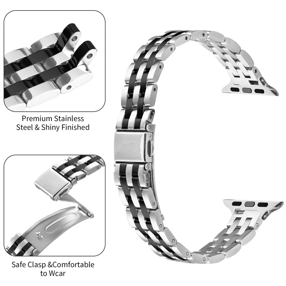 Watch Band For Apple Watch Series 11 10 42mm / 9 8 7 41mm / SE3 SE2 SE 6 5 4 40mm / 3 2 1 38mm Slim Five-Bead Stainless Steel Strap - Silver  /  Black - 3