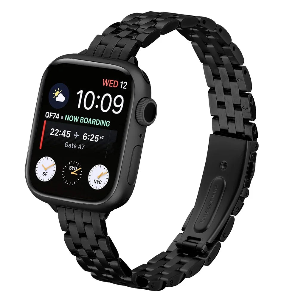 Watch Band For Apple Watch Ultra 3 2 1 49mm / Series 11 10 46mm / 9 8 7 45mm / SE3 SE2 SE 6 5 4 44mm / 3 2 1 42mm Slim Five-Bead Stainless Steel Black Strap - 2