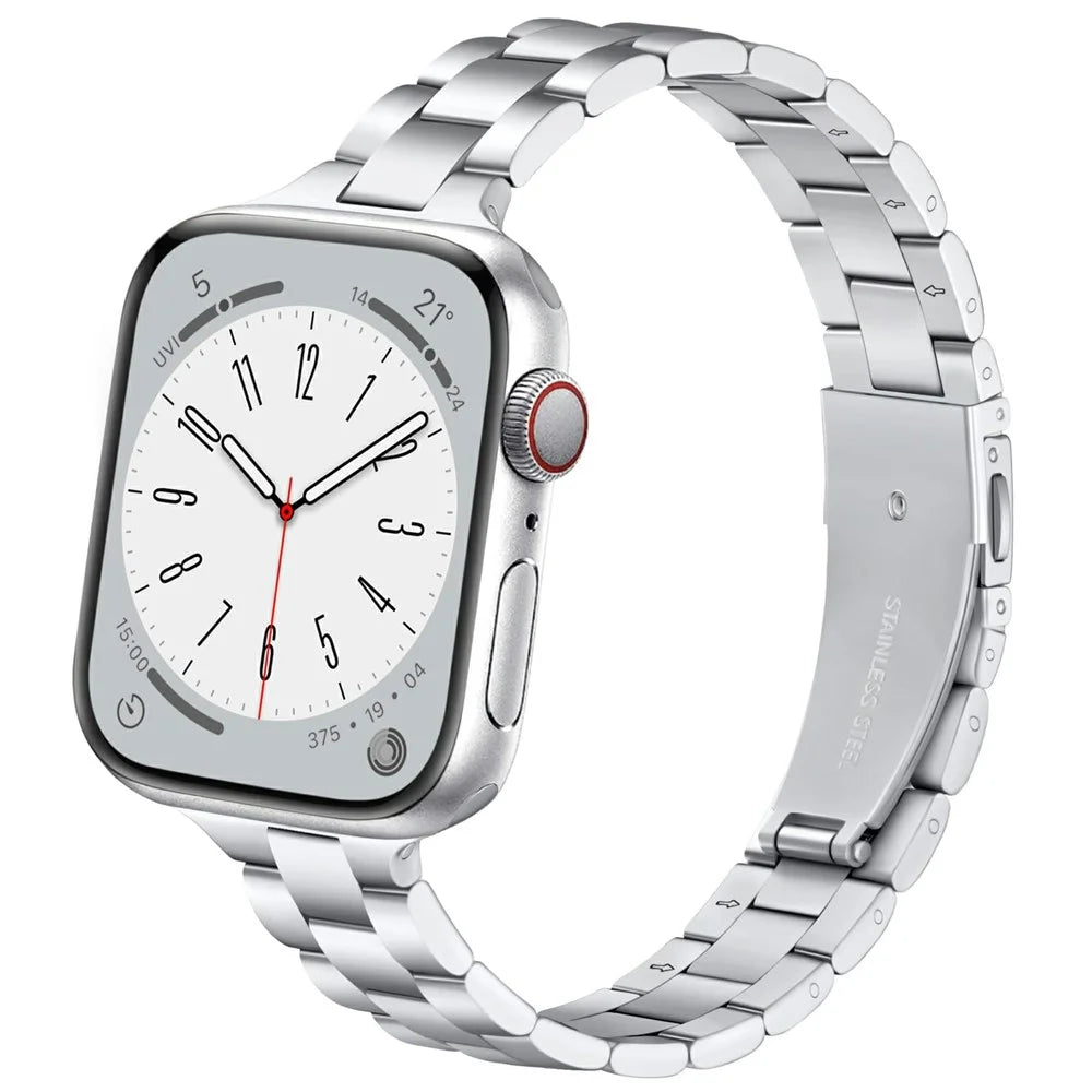 Metal Strap for Apple Watch Series 11 10 42mm / 9 8 7 41mm / SE3 SE2 SE 6 5 4 40mm / 3 2 1 38mm Slim 3-Beads Silver Watch Band - 2