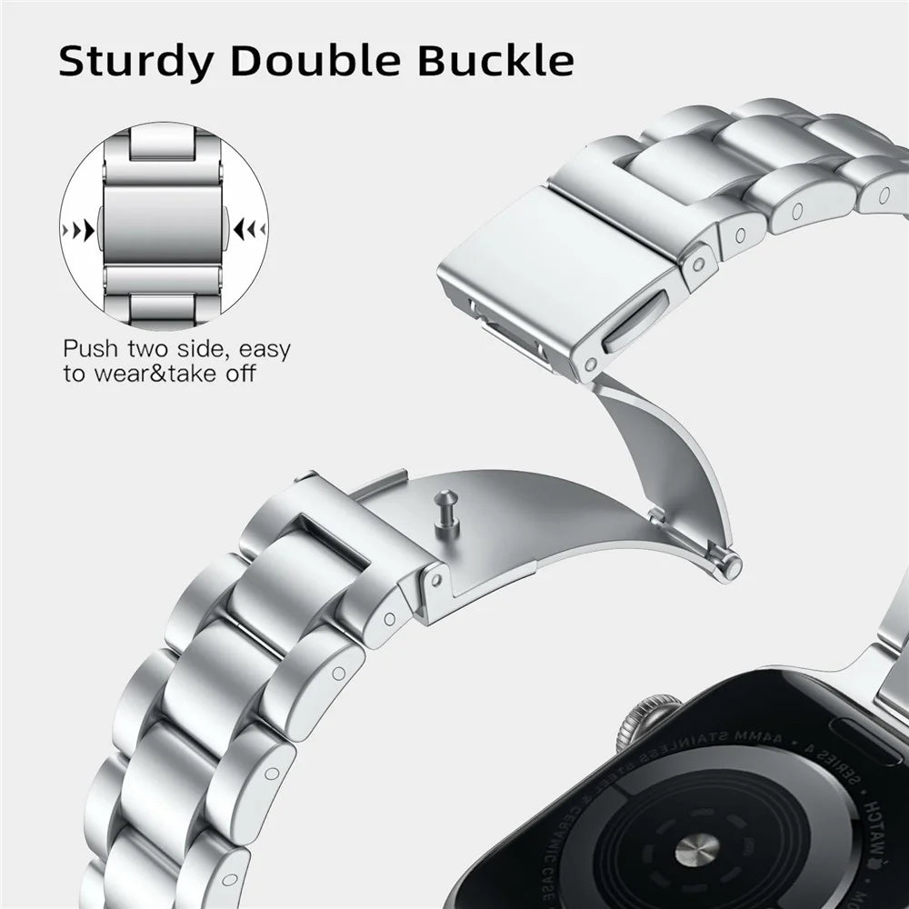 Metal Strap for Apple Watch Series 11 10 42mm / 9 8 7 41mm / SE3 SE2 SE 6 5 4 40mm / 3 2 1 38mm Slim 3-Beads Silver Watch Band - 3