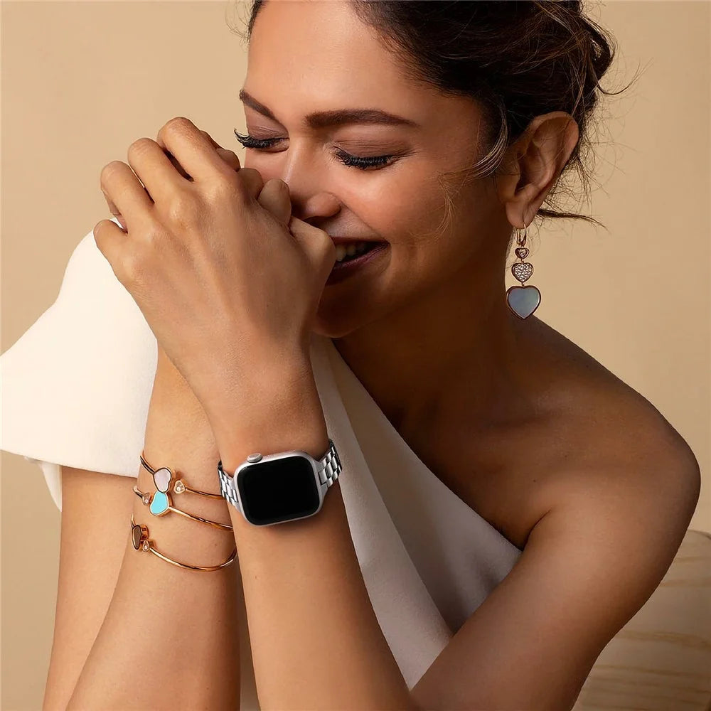 Metal Strap for Apple Watch Series 11 10 42mm / 9 8 7 41mm / SE3 SE2 SE 6 5 4 40mm / 3 2 1 38mm Slim 3-Beads Silver Watch Band - 5