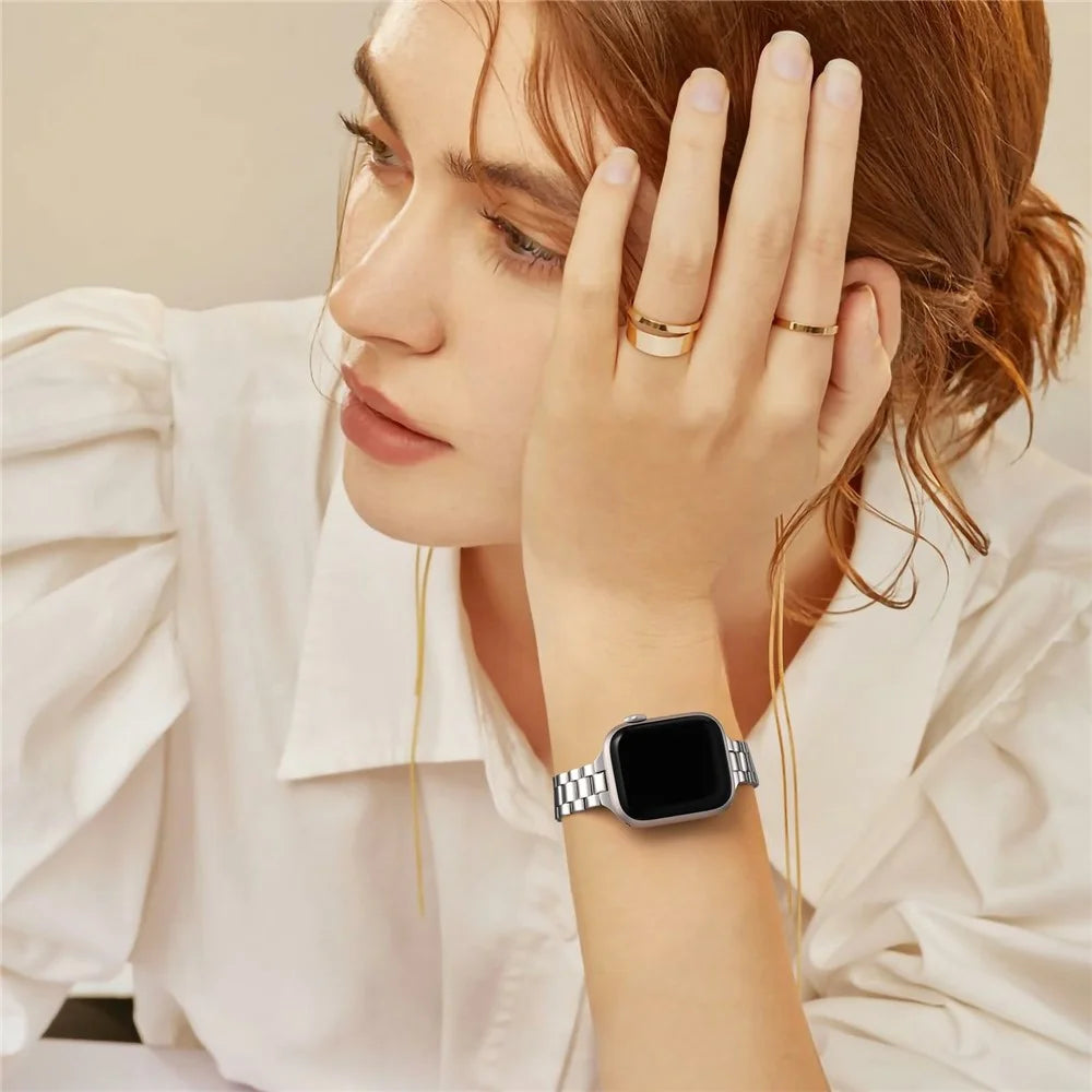Metal Strap for Apple Watch Series 11 10 42mm / 9 8 7 41mm / SE3 SE2 SE 6 5 4 40mm / 3 2 1 38mm Slim 3-Beads Silver Watch Band - 7