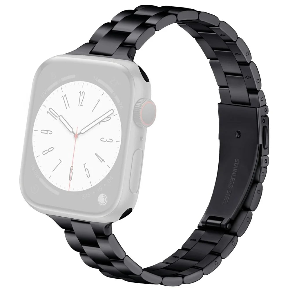 Black Strap for Apple Watch Series 11 10 42mm / 9 8 7 41mm / SE3 SE2 SE 6 5 4 40mm / 3 2 1 38mm Slim 3-Beads Metal Watch Band - 1