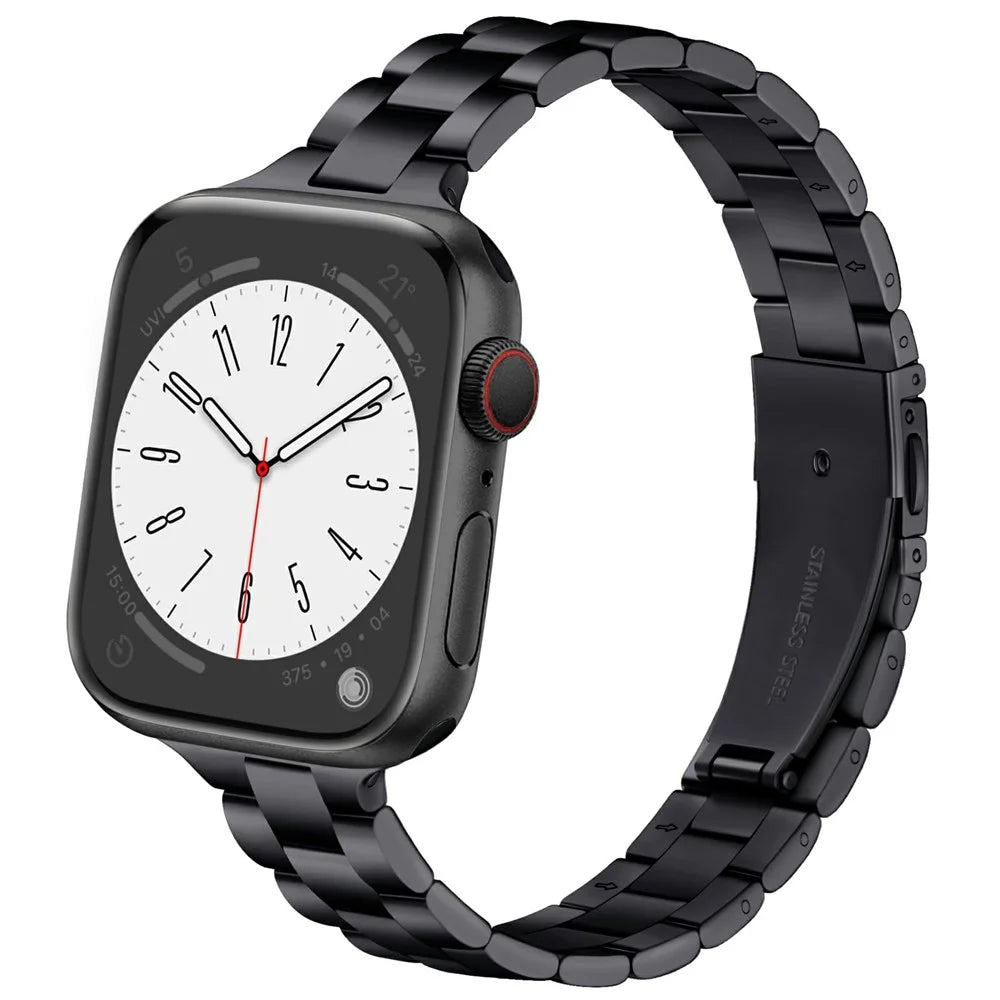 Black Strap for Apple Watch Series 11 10 42mm / 9 8 7 41mm / SE3 SE2 SE 6 5 4 40mm / 3 2 1 38mm Slim 3-Beads Metal Watch Band - 2