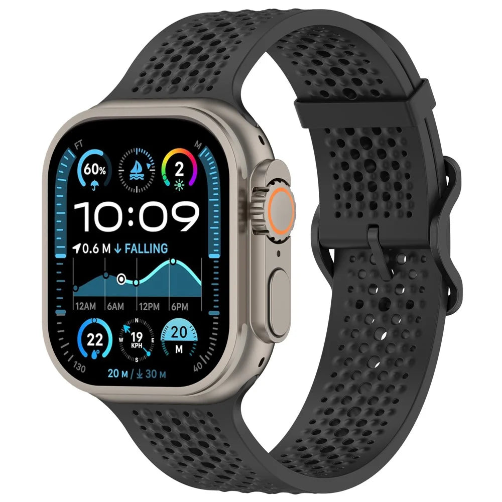 Watch Band for Apple Watch Ultra 3 2 1 49mm / Series 11 10 46mm / 9 8 7 45mm / SE3 SE2 SE 6 5 4 44mm / 3 2 1 42mm Holes Design Adjustable Silicone Strap - Black - 4