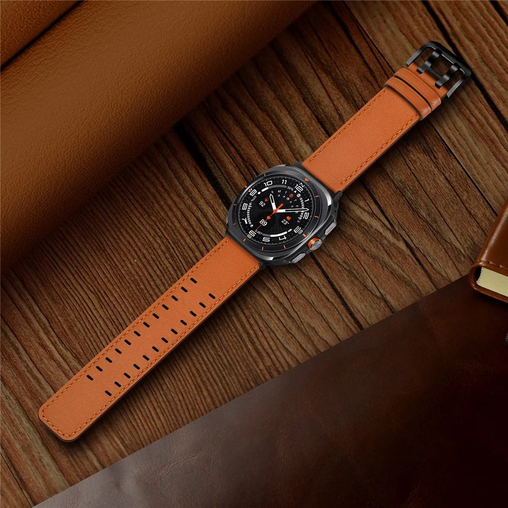 Watch Band for Samsung Galaxy Watch8 44mm / 40mm / Watch8 Classic 46mm Dual-Pin Buckle Genuine Cow Leather Strap - Orange - 5