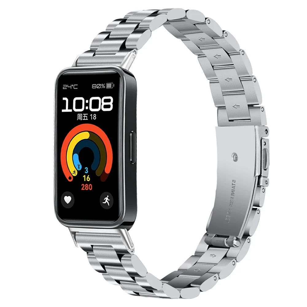 Silver Watch Band for Huawei Band 10 / 9 / 8 Stainless Steel 3-Bead Metal Strap - 2