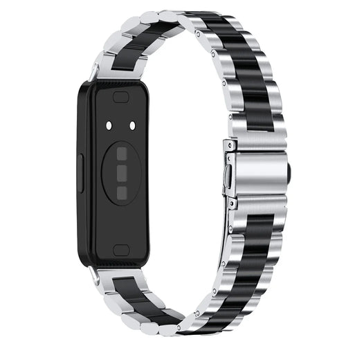 Colored Watch Band for Huawei Band 10 / 9 / 8 Stainless Steel 3-Bead Metal Strap - Silver / Black - 1