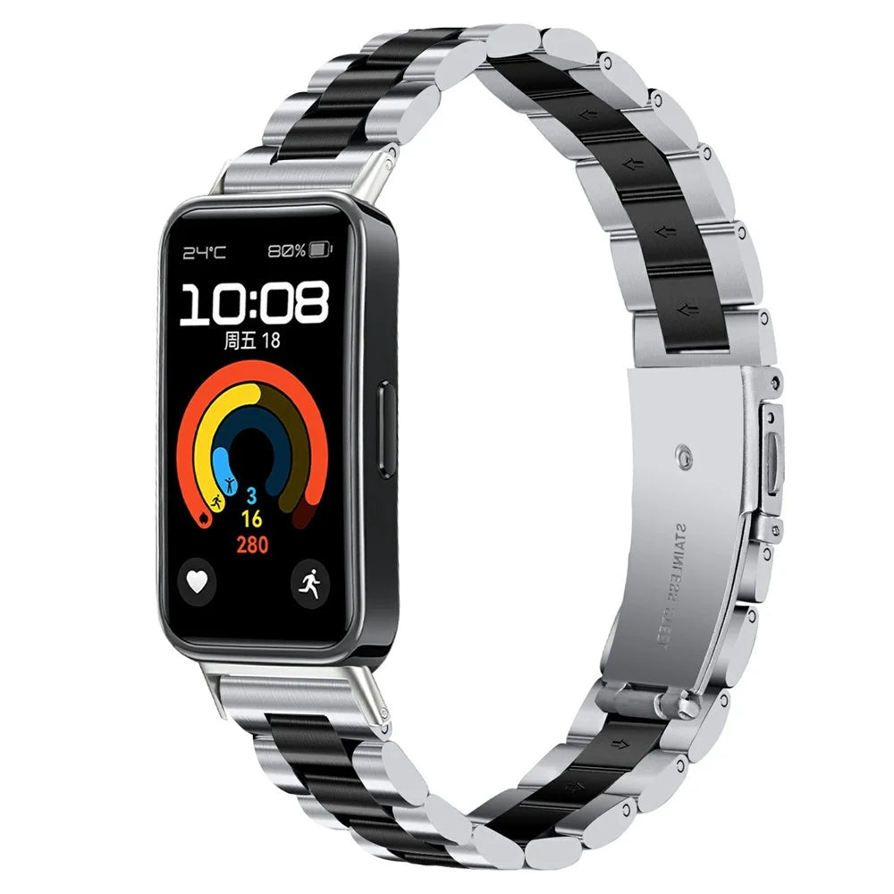Colored Watch Band for Huawei Band 10 / 9 / 8 Stainless Steel 3-Bead Metal Strap - Silver / Black - 2