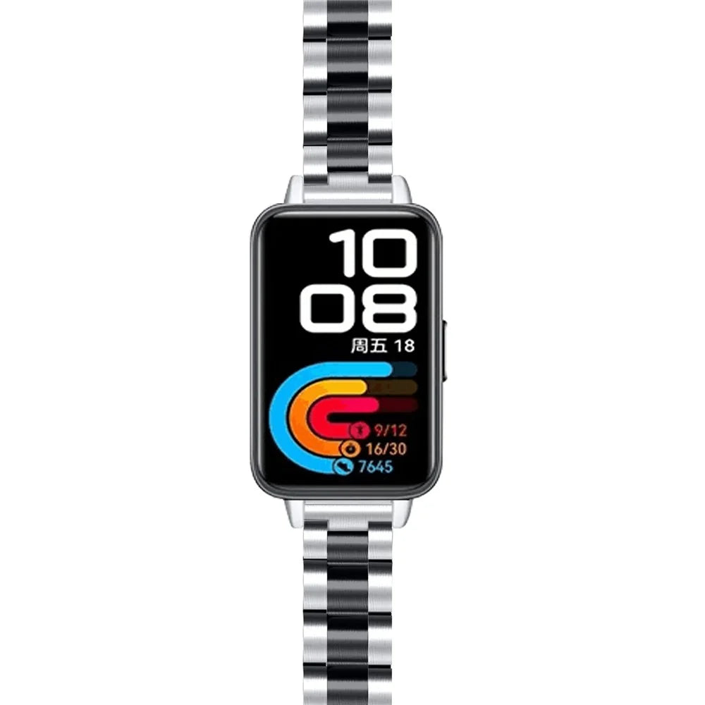 Colored Watch Band for Huawei Band 10 / 9 / 8 Stainless Steel 3-Bead Metal Strap - Silver / Black - 3
