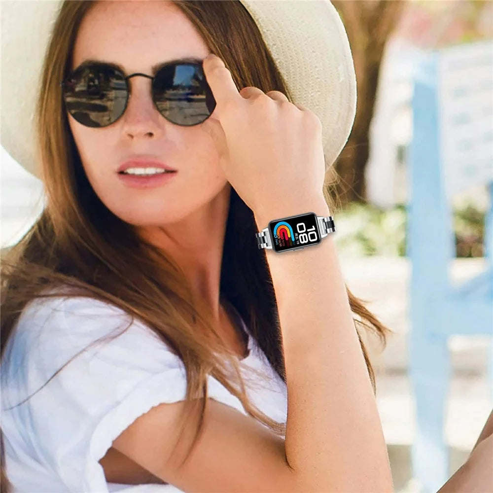 Colored Watch Band for Huawei Band 10 / 9 / 8 Stainless Steel 3-Bead Metal Strap - Silver / Black - 4