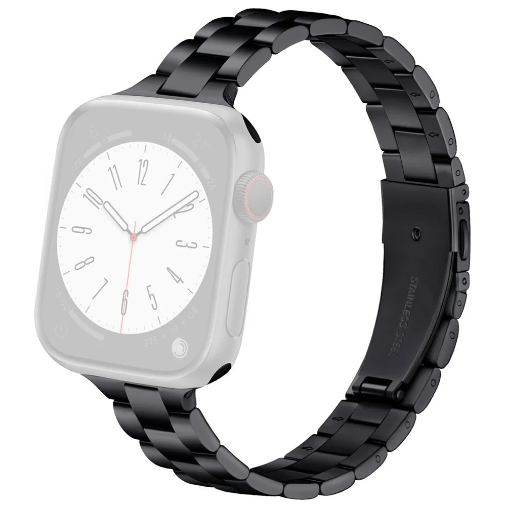 Black Strap for Apple Watch Ultra 3 2 1 49mm / Series 11 10 46mm / 9 8 7 45mm / SE3 SE2 SE 6 5 4 44mm / 3 2 1 42mm Slim 3-Beads Metal Watch Band - 1
