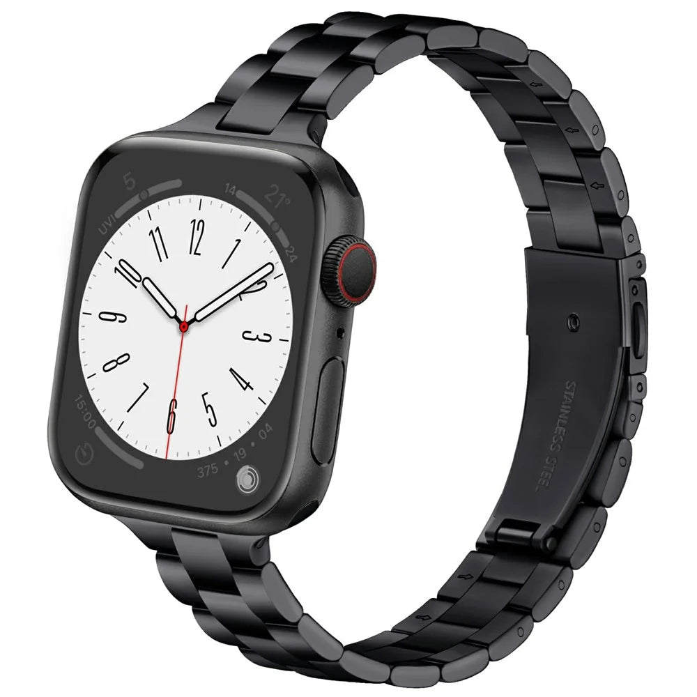 Black Strap for Apple Watch Ultra 3 2 1 49mm / Series 11 10 46mm / 9 8 7 45mm / SE3 SE2 SE 6 5 4 44mm / 3 2 1 42mm Slim 3-Beads Metal Watch Band - 2