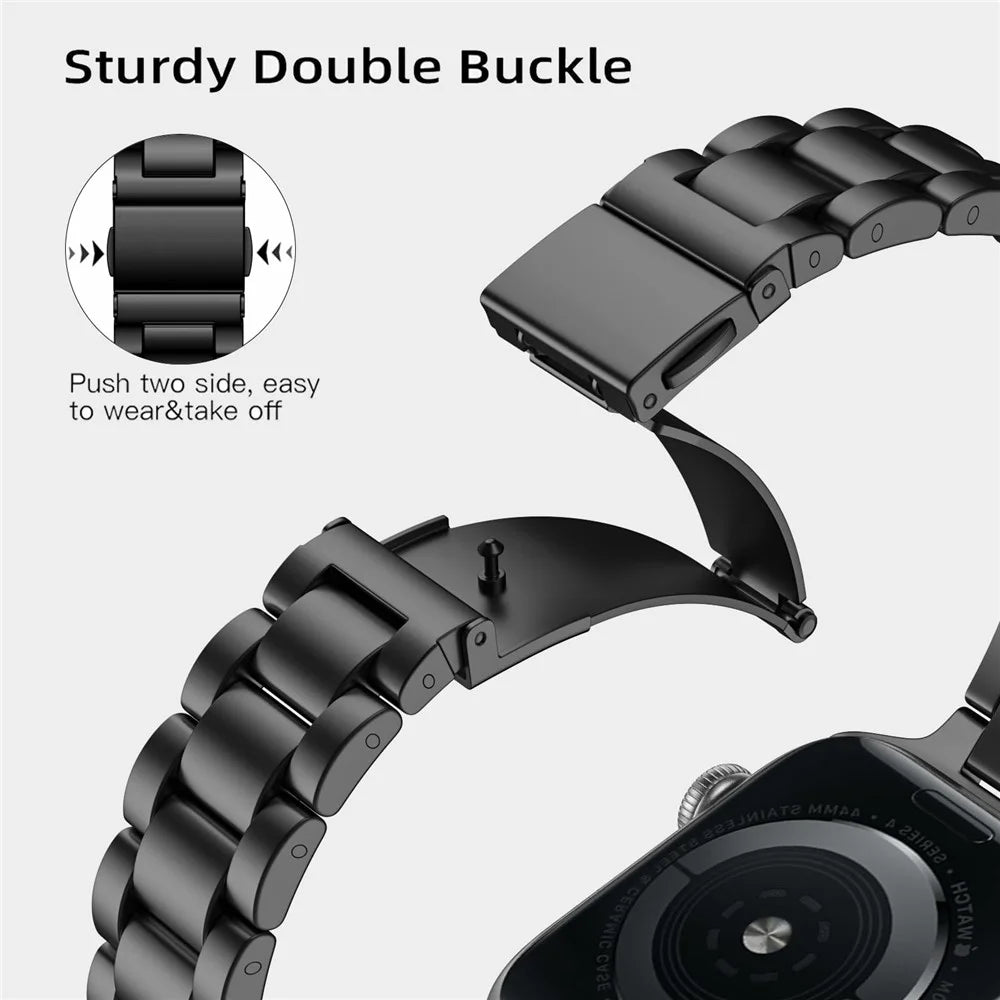 Black Strap for Apple Watch Ultra 3 2 1 49mm / Series 11 10 46mm / 9 8 7 45mm / SE3 SE2 SE 6 5 4 44mm / 3 2 1 42mm Slim 3-Beads Metal Watch Band - 3