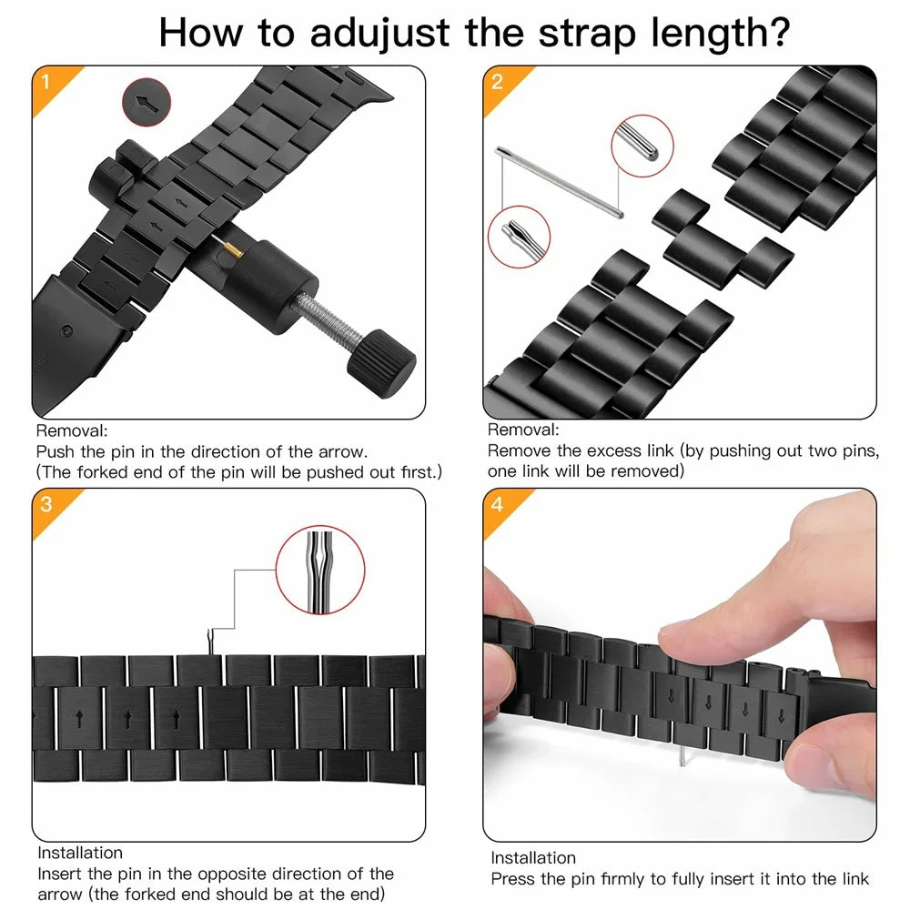 Black Strap for Apple Watch Ultra 3 2 1 49mm / Series 11 10 46mm / 9 8 7 45mm / SE3 SE2 SE 6 5 4 44mm / 3 2 1 42mm Slim 3-Beads Metal Watch Band - 4