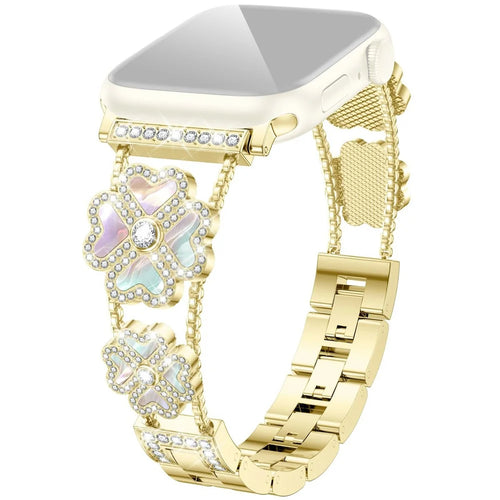 Metal Strap for Apple Watch Series 11 10 42mm / 9 8 7 41mm / SE3 SE2 SE 6 5 4 40mm / 3 2 1 38mm Heart Clover Rhinestone Decor Watch Band - Gold / Colorful - 1