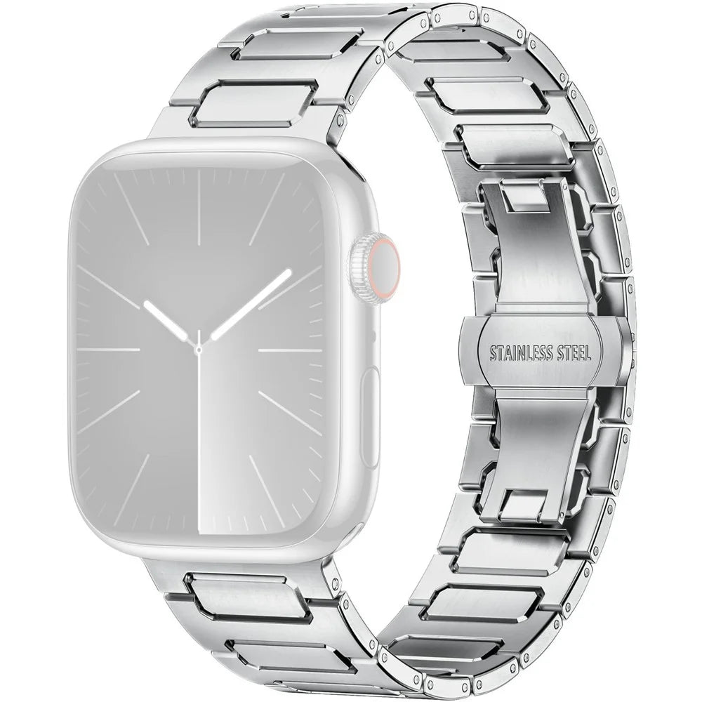 H-Link Silver Metal Strap for Apple Watch Series 11 10 42mm / 9 8 7 41mm / SE3 SE2 SE 6 5 4 40mm / 3 2 1 38mm Butterfly Clasp Watch Band - 1