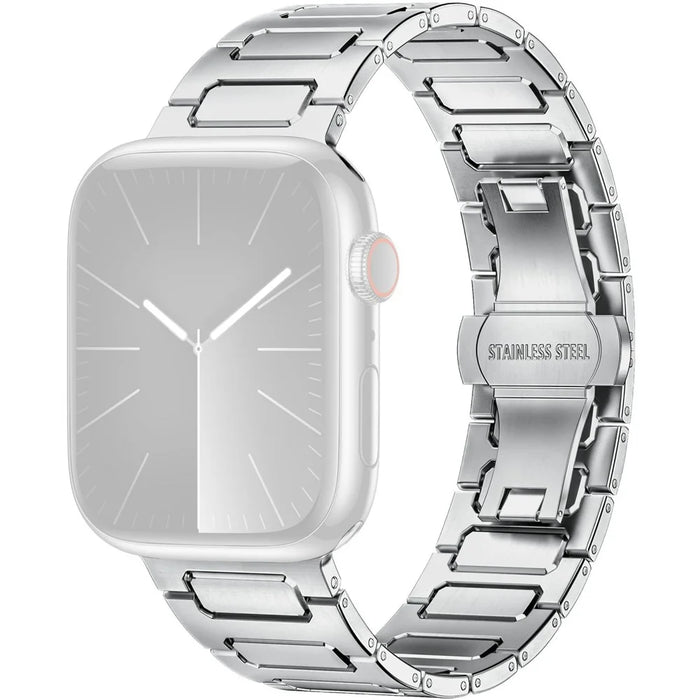 H-Link Silver Metal Strap for Apple Watch Series 11 10 42mm / 9 8 7 41mm / SE3 SE2 SE 6 5 4 40mm / 3 2 1 38mm Butterfly Clasp Watch Band - 1