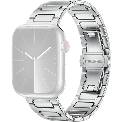 H-Link Silver Metal Strap for Apple Watch Ultra 3 2 1 49mm / Series 11 10 46mm / 9 8 7 45mm / SE3 SE2 SE 6 5 4 44mm / 3 2 1 42mm Butterfly Clasp Watch Band - 1