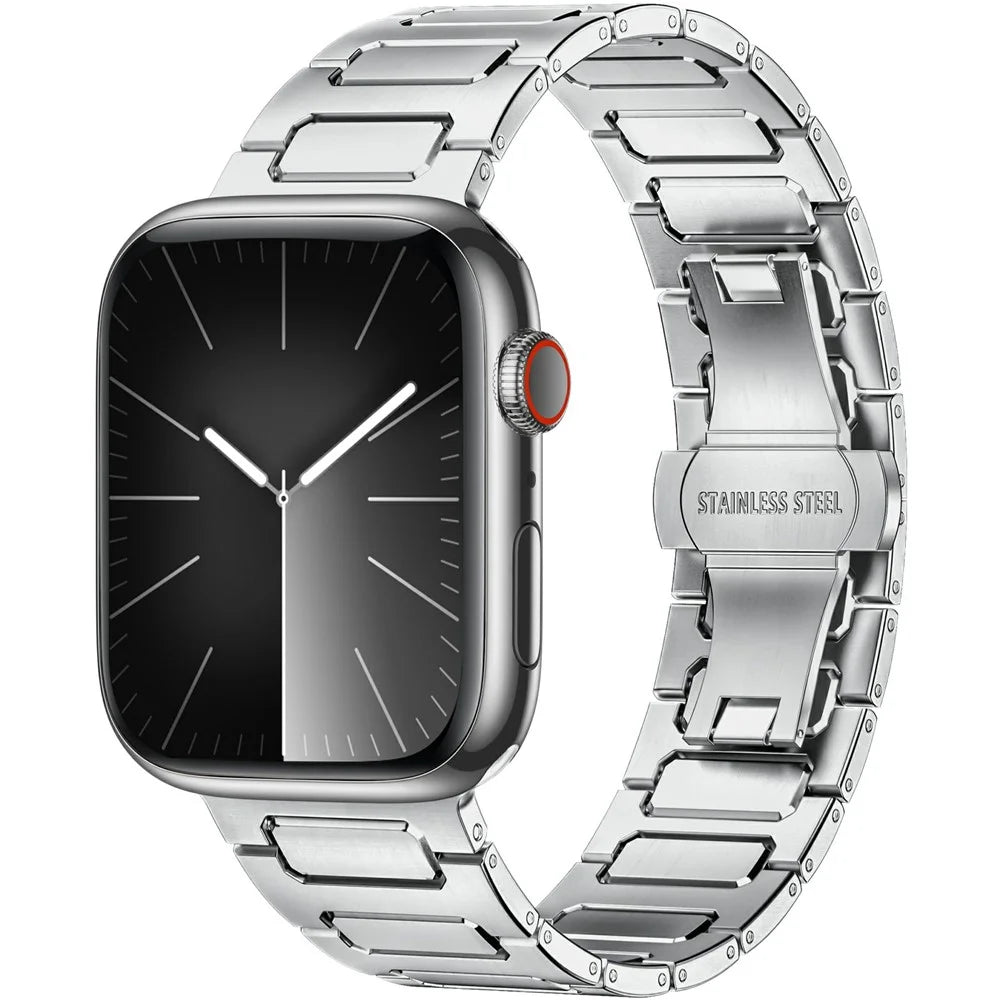 H-Link Silver Metal Strap for Apple Watch Ultra 3 2 1 49mm / Series 11 10 46mm / 9 8 7 45mm / SE3 SE2 SE 6 5 4 44mm / 3 2 1 42mm Butterfly Clasp Watch Band - 2