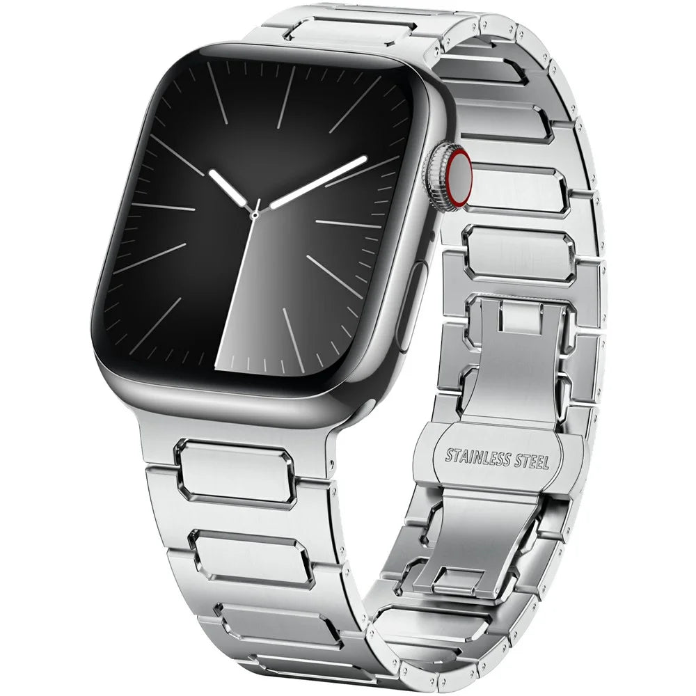 H-Link Silver Metal Strap for Apple Watch Ultra 3 2 1 49mm / Series 11 10 46mm / 9 8 7 45mm / SE3 SE2 SE 6 5 4 44mm / 3 2 1 42mm Butterfly Clasp Watch Band - 3
