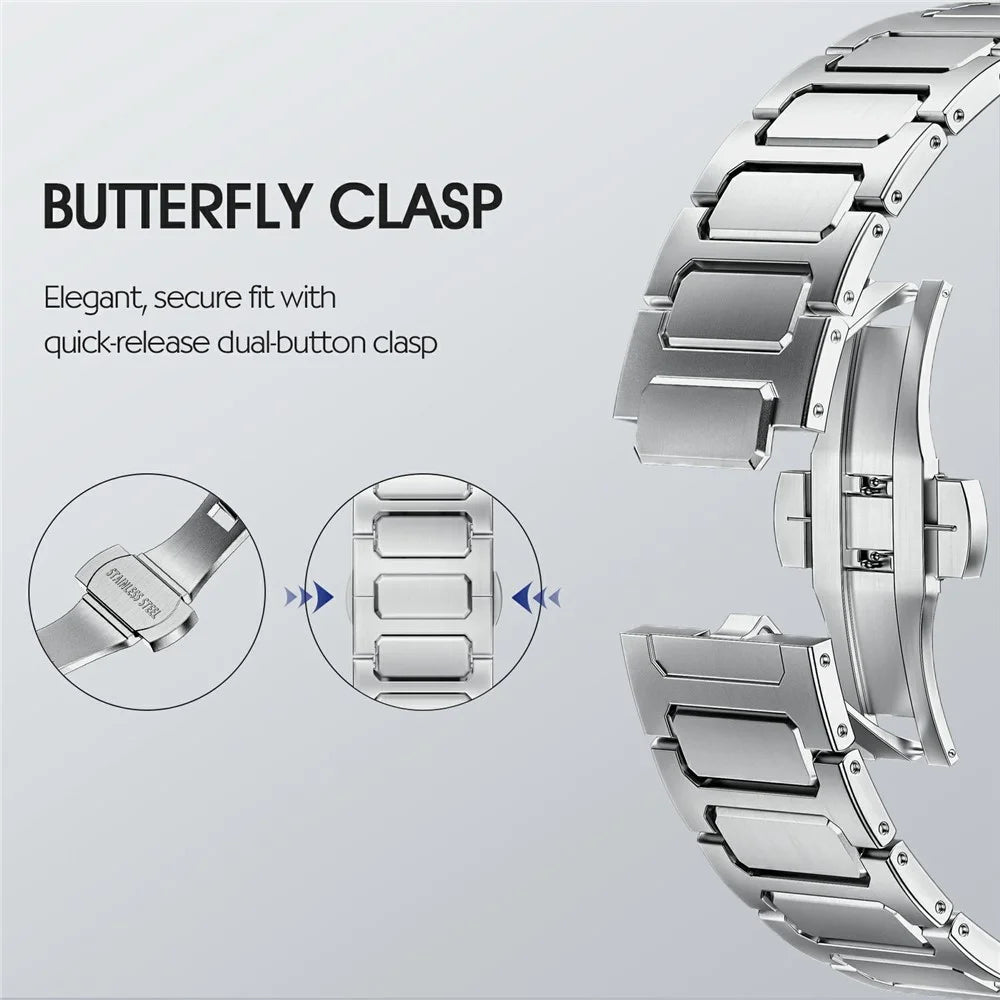 H-Link Silver Metal Strap for Apple Watch Ultra 3 2 1 49mm / Series 11 10 46mm / 9 8 7 45mm / SE3 SE2 SE 6 5 4 44mm / 3 2 1 42mm Butterfly Clasp Watch Band - 5