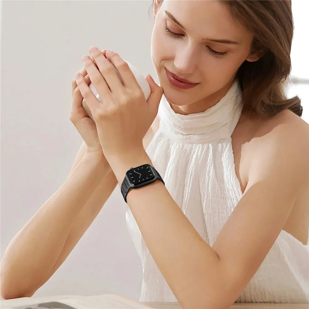 H-Link Colored Metal Strap for Apple Watch Ultra 3 2 1 49mm / Series 11 10 46mm / 9 8 7 45mm / SE3 SE2 SE 6 5 4 44mm / 3 2 1 42mm Butterfly Clasp Watch Band - Black - 7