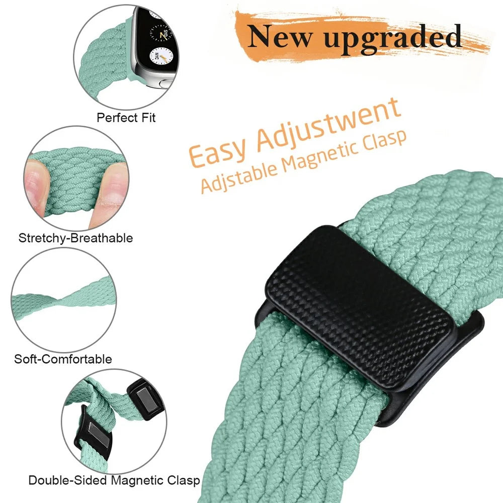 Elastic Braided Strap for Apple Watch Ultra 3 2 1 49mm / Series 11 10 46mm / 9 8 7 45mm / SE3 SE2 SE 6 5 4 44mm / 3 2 1 42mm Magnetic Nylon Watch Band - Green - 4