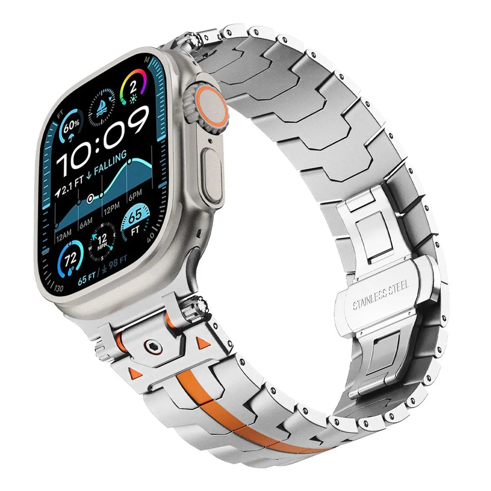 Butterfly Buckle Strap for Apple Watch Ultra 3 2 1 49mm / Series 11 10 46mm / 9 8 7 45mm / SE3 SE2 SE 6 5 4 44mm / 3 2 1 42mm Stainless Steel Watch Band - Silver / Orange - 2