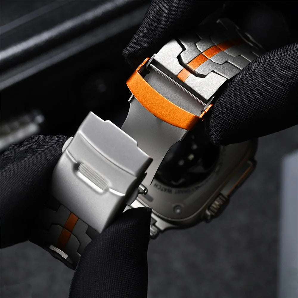 Butterfly Buckle Strap for Apple Watch Ultra 3 2 1 49mm / Series 11 10 46mm / 9 8 7 45mm / SE3 SE2 SE 6 5 4 44mm / 3 2 1 42mm Stainless Steel Watch Band - Silver / Orange - 7