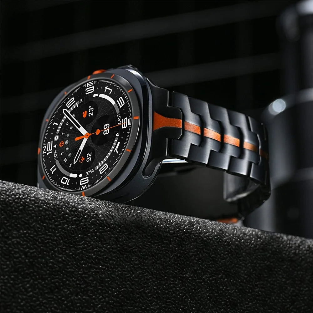 Stainless Steel Watch Band For Samsung Galaxy Watch8 44mm  /  40mm  /  Watch8 Classic 46mm Double Folding Buckle Wrist Strap - Black  /  Orange - 5