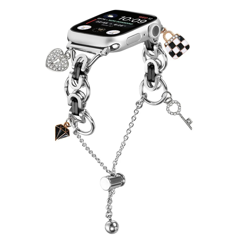 Electroplated Alloy Band for Apple Watch Ultra 3 2 1 49mm / Series 11 10 46mm / 9 8 7 45mm / SE3 SE2 SE 6 5 4 44mm / 3 2 1 42mm Chain Bracelet Strap - Silver  /  Black - 2