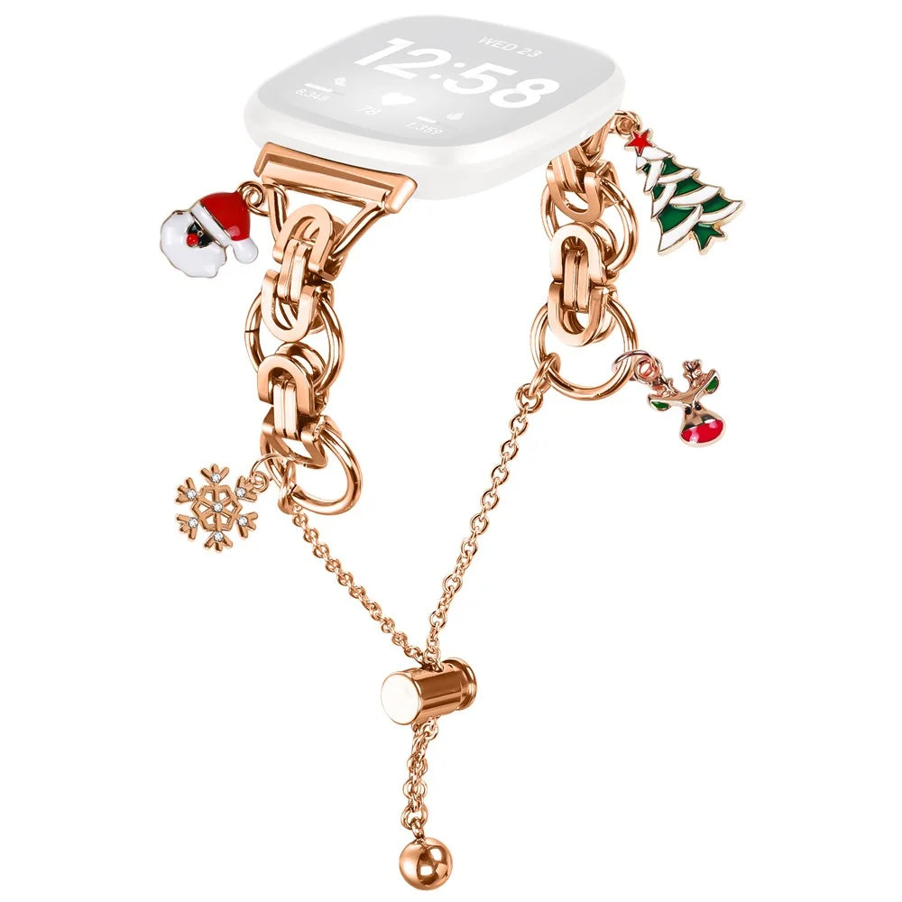 For Fitbit Versa 3  /  Sense Electroplated Metal Alloy Band Single Loop Chain Bracelet Strap - Rose Gold  /  Christmas - 1