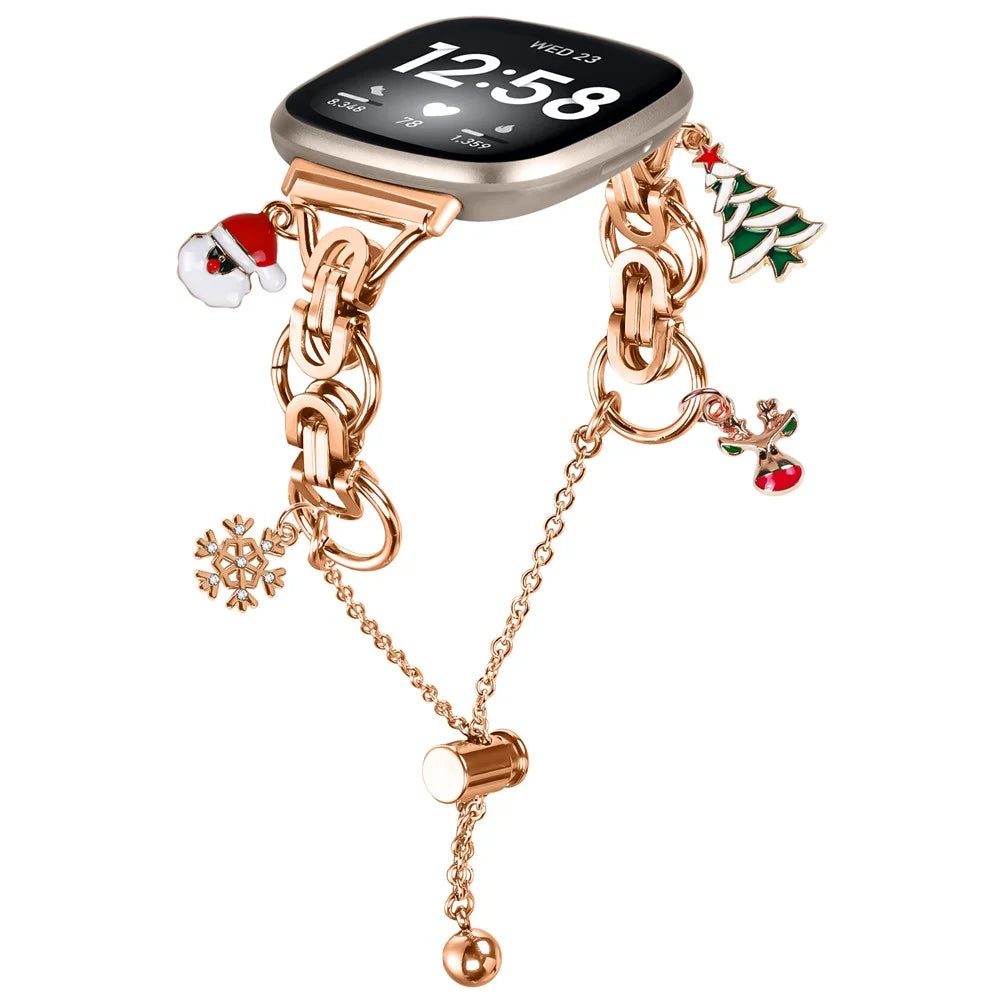 For Fitbit Versa 3  /  Sense Electroplated Metal Alloy Band Single Loop Chain Bracelet Strap - Rose Gold  /  Christmas - 2