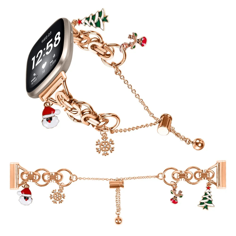 For Fitbit Versa 3  /  Sense Electroplated Metal Alloy Band Single Loop Chain Bracelet Strap - Rose Gold  /  Christmas - 4