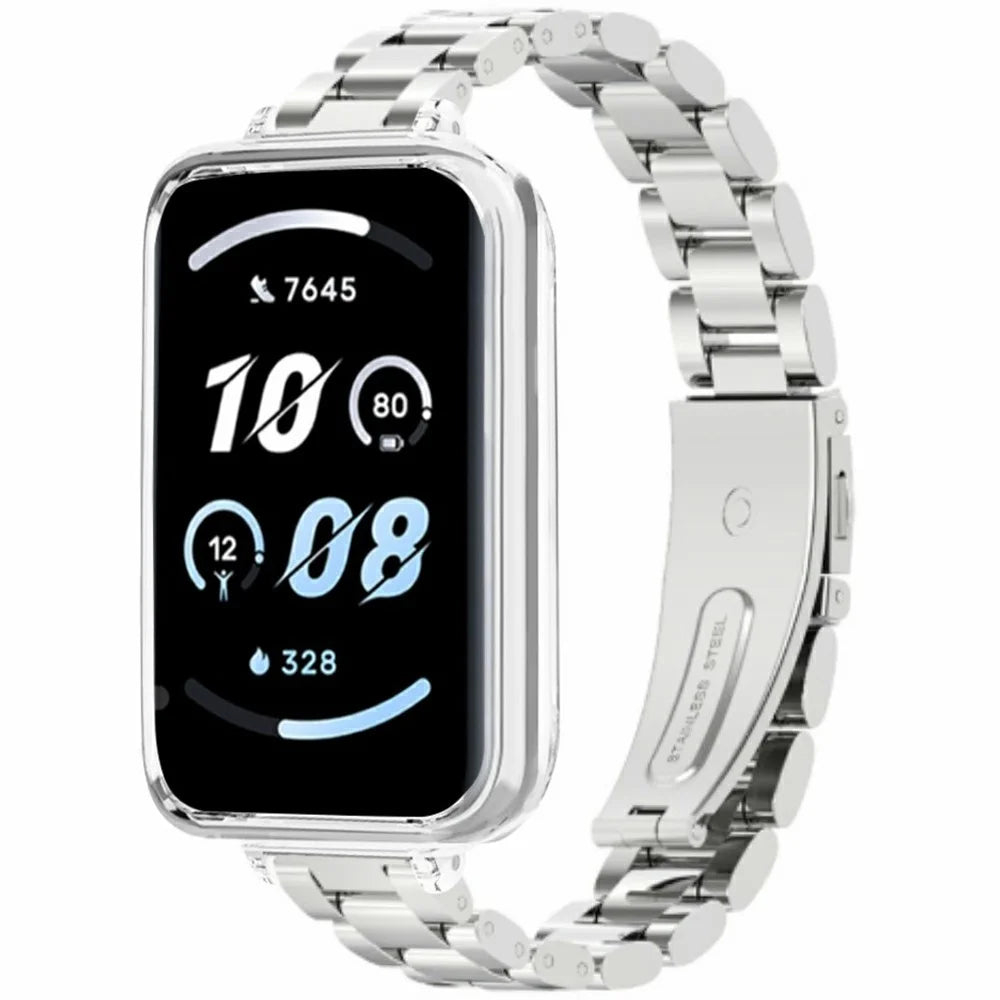 For Honor Band 10  /  9 Stainless Steel Watch Strap with PC Case Solid 3 Bead Replacement Band - Silver + Transparent - 1