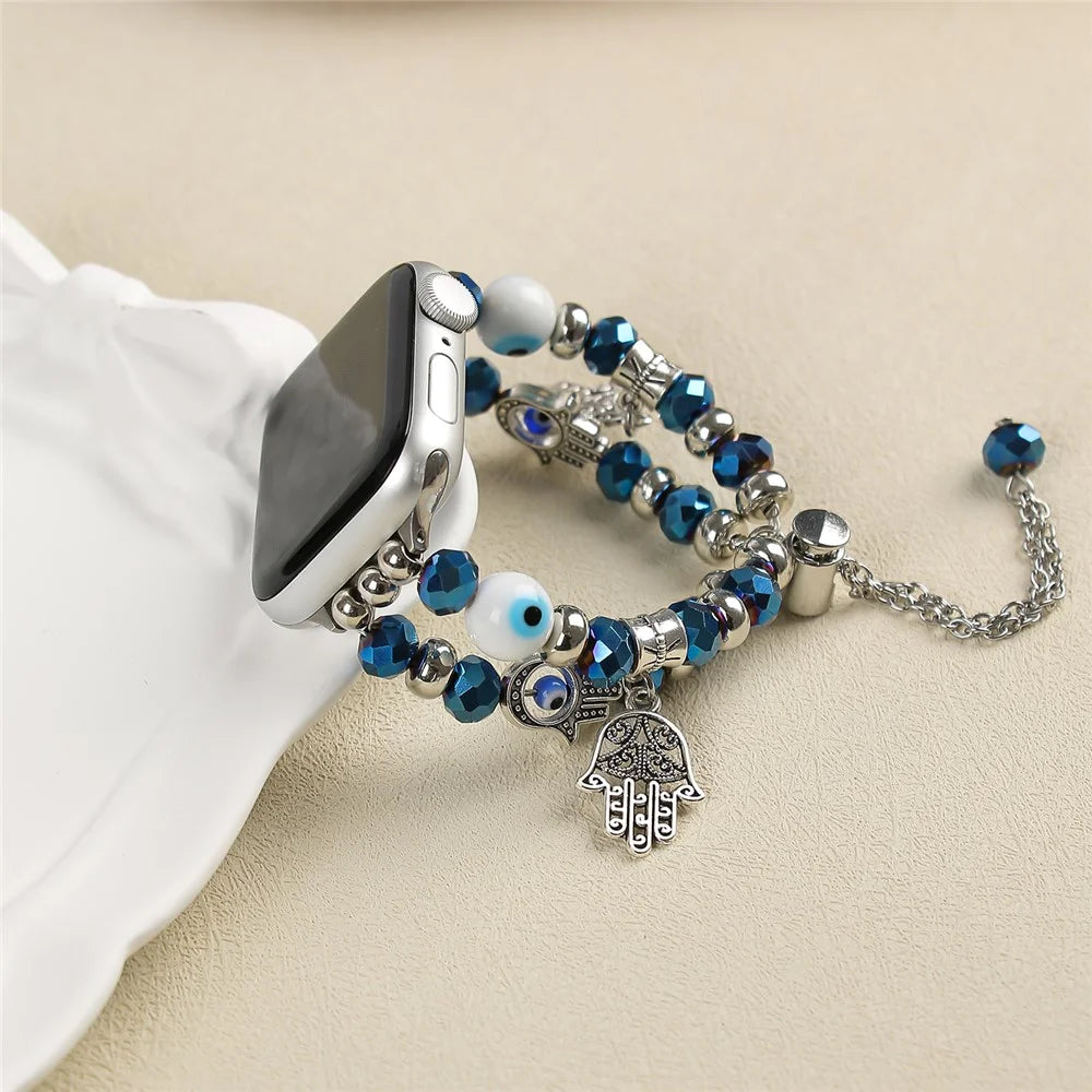 Watch Strap for Apple Watch Series 11 10 42mm / 9 8 7 41mm / SE3 SE2 SE 6 5 4 40mm / 3 2 1 38mm Evil Eye Beaded Bracelet Wrist Band - Blue - 5