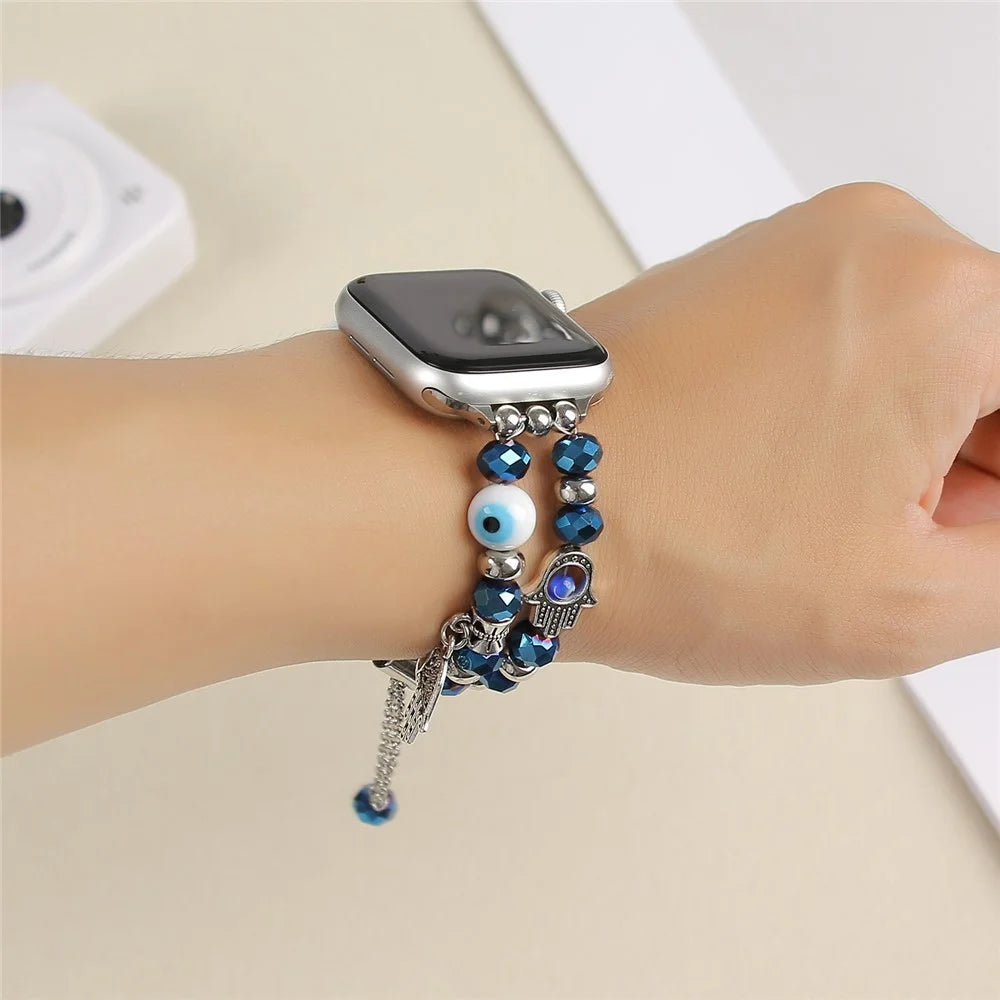 Watch Strap for Apple Watch Series 11 10 42mm / 9 8 7 41mm / SE3 SE2 SE 6 5 4 40mm / 3 2 1 38mm Evil Eye Beaded Bracelet Wrist Band - Blue - 6
