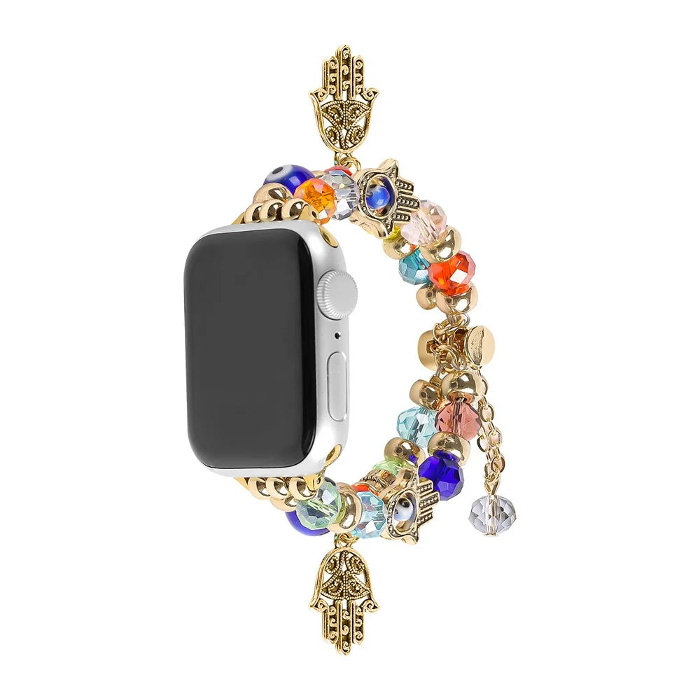 Watch Strap for Apple Watch Ultra 3 2 1 49mm / Series 11 10 46mm / 9 8 7 45mm / SE3 SE2 SE 6 5 4 44mm / 3 2 1 42mm Evil Eye Beaded Bracelet Wrist Band - Gold - 2