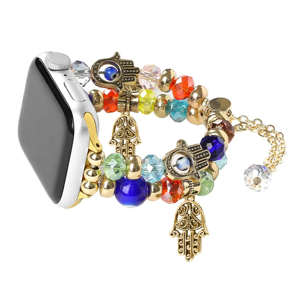 Watch Strap for Apple Watch Ultra 3 2 1 49mm / Series 11 10 46mm / 9 8 7 45mm / SE3 SE2 SE 6 5 4 44mm / 3 2 1 42mm Evil Eye Beaded Bracelet Wrist Band - Gold - 3