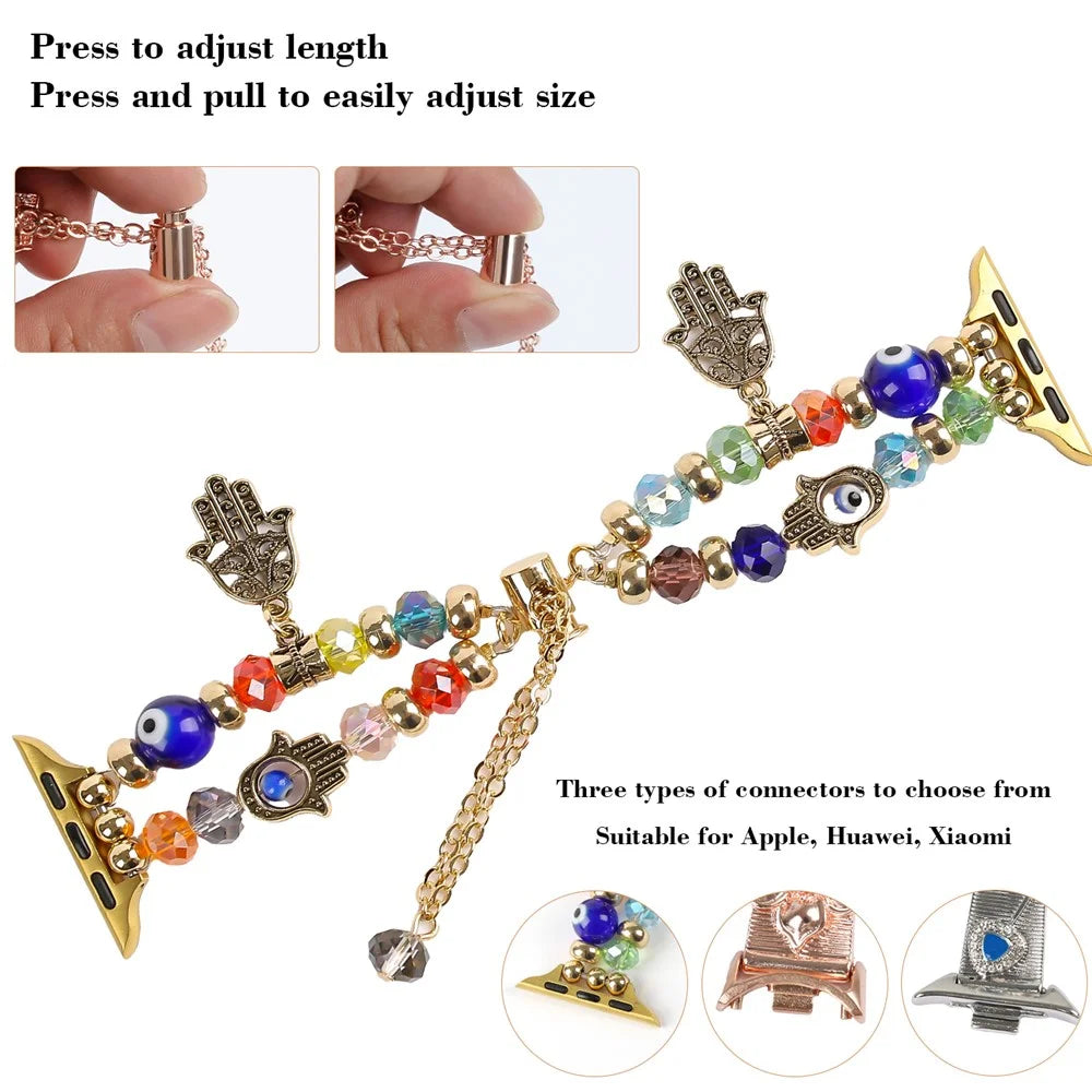 Watch Strap for Apple Watch Ultra 3 2 1 49mm / Series 11 10 46mm / 9 8 7 45mm / SE3 SE2 SE 6 5 4 44mm / 3 2 1 42mm Evil Eye Beaded Bracelet Wrist Band - Gold - 4