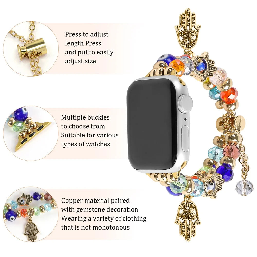 Watch Strap for Apple Watch Ultra 3 2 1 49mm / Series 11 10 46mm / 9 8 7 45mm / SE3 SE2 SE 6 5 4 44mm / 3 2 1 42mm Evil Eye Beaded Bracelet Wrist Band - Gold - 5