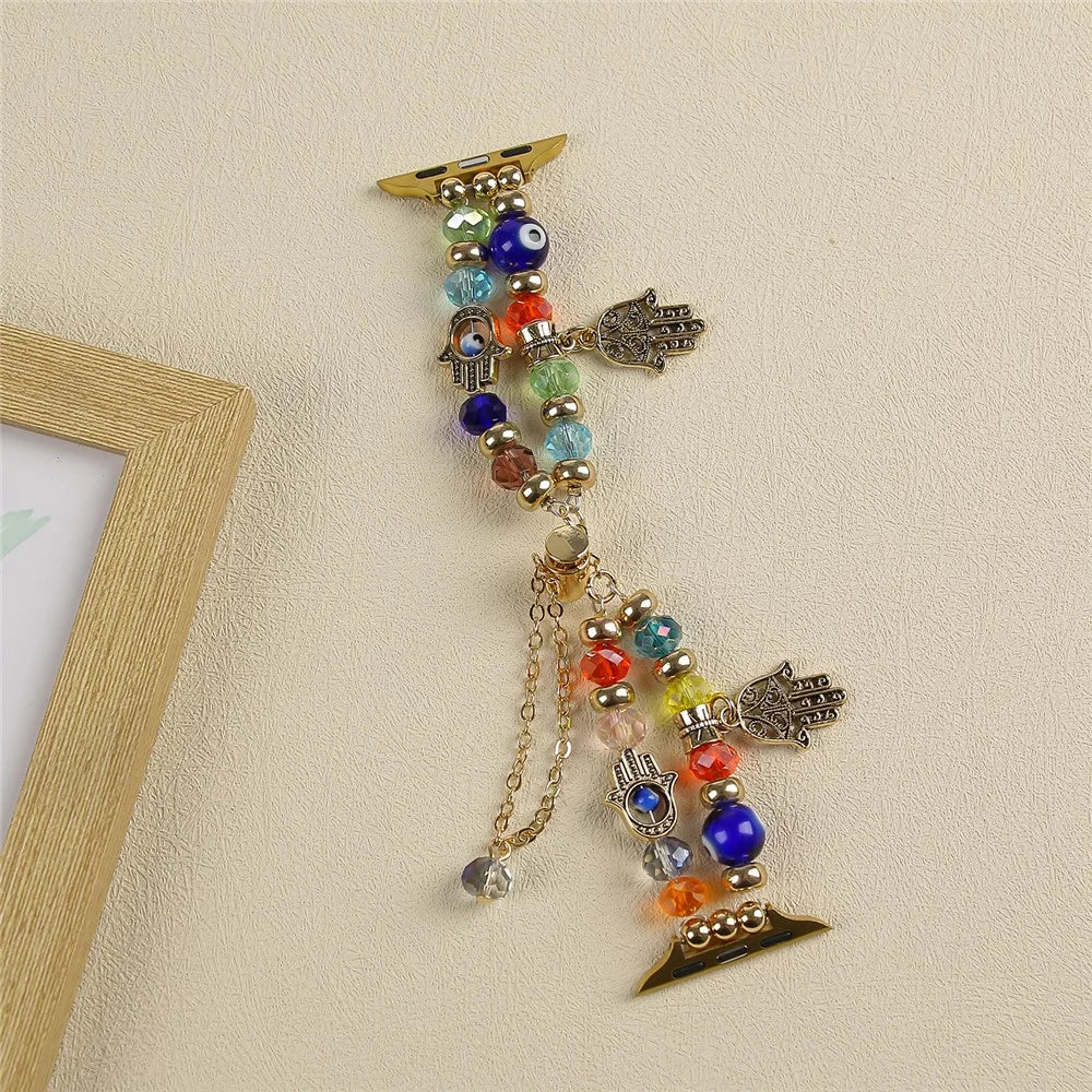 Watch Strap for Apple Watch Ultra 3 2 1 49mm / Series 11 10 46mm / 9 8 7 45mm / SE3 SE2 SE 6 5 4 44mm / 3 2 1 42mm Evil Eye Beaded Bracelet Wrist Band - Gold - 6