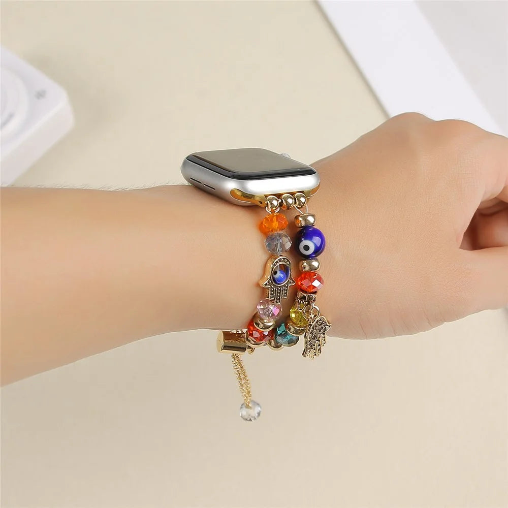 Watch Strap for Apple Watch Ultra 3 2 1 49mm / Series 11 10 46mm / 9 8 7 45mm / SE3 SE2 SE 6 5 4 44mm / 3 2 1 42mm Evil Eye Beaded Bracelet Wrist Band - Gold - 7