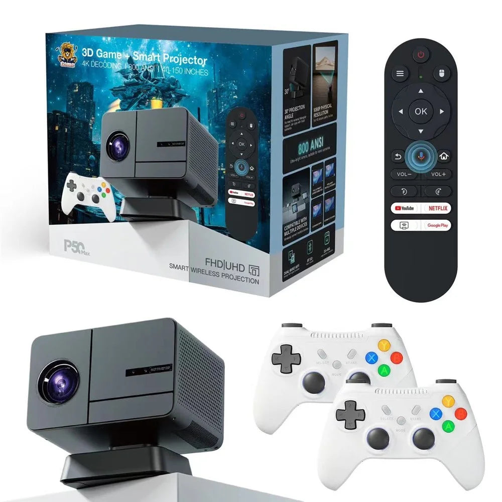 P50Max Android 11 1080P Mini Projector with 2 Gamepads 800 Lumens WiFi Portable Home Theater, 2+16GB - Black / US Plug - 2